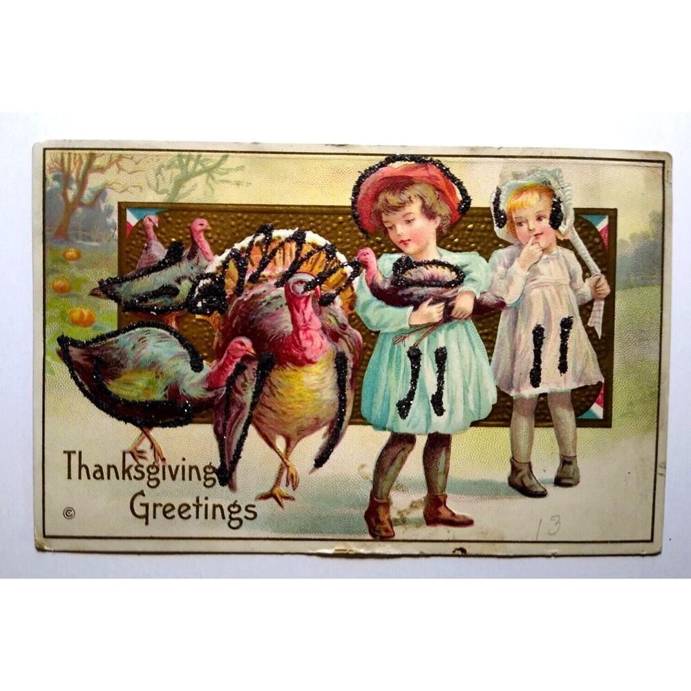 Thanksgiving Postcard Turkeys Children Mica Glitter Stecher Embossed 204 A